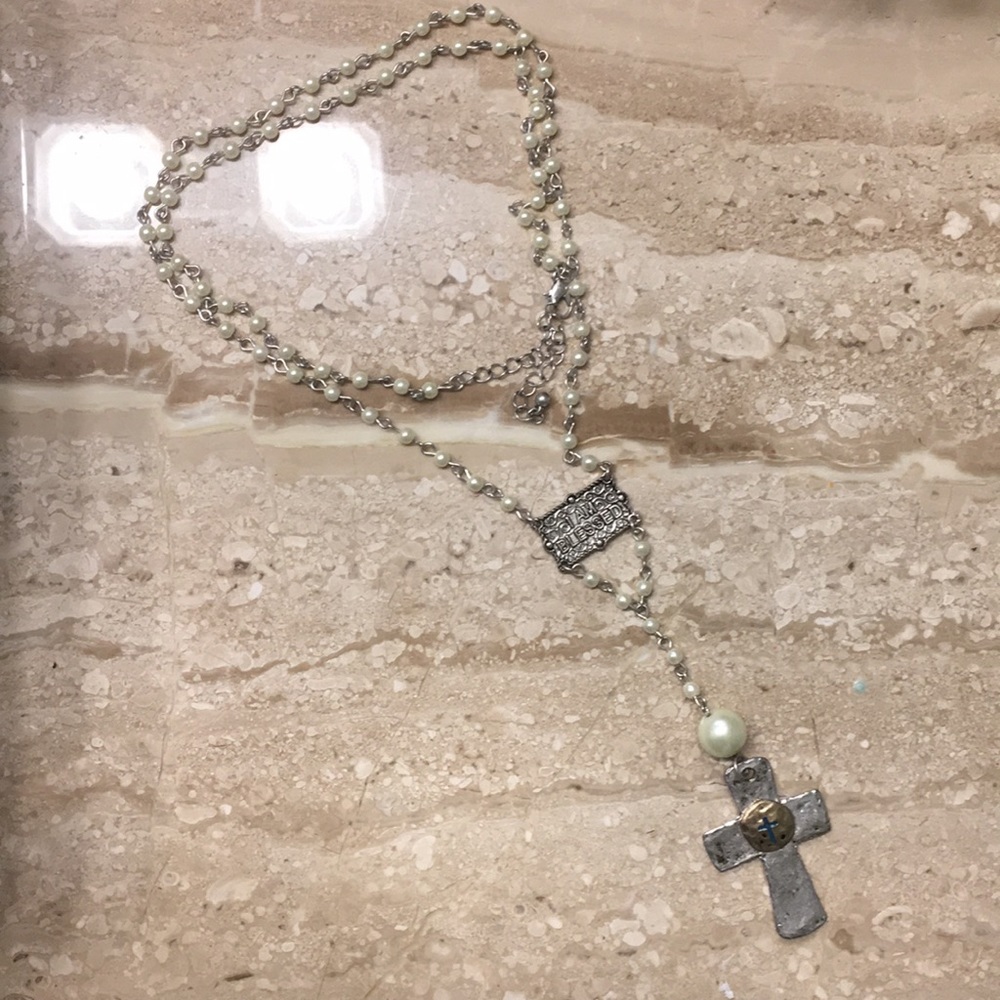 Two long cross rosary style necklaces
